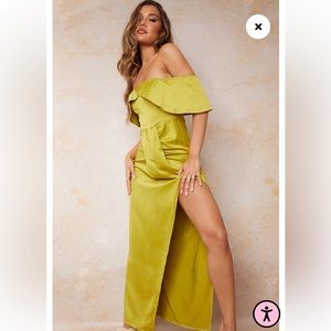 NWT PrettyLittleThing Olive Bardot Drape Satin Maxi Dress